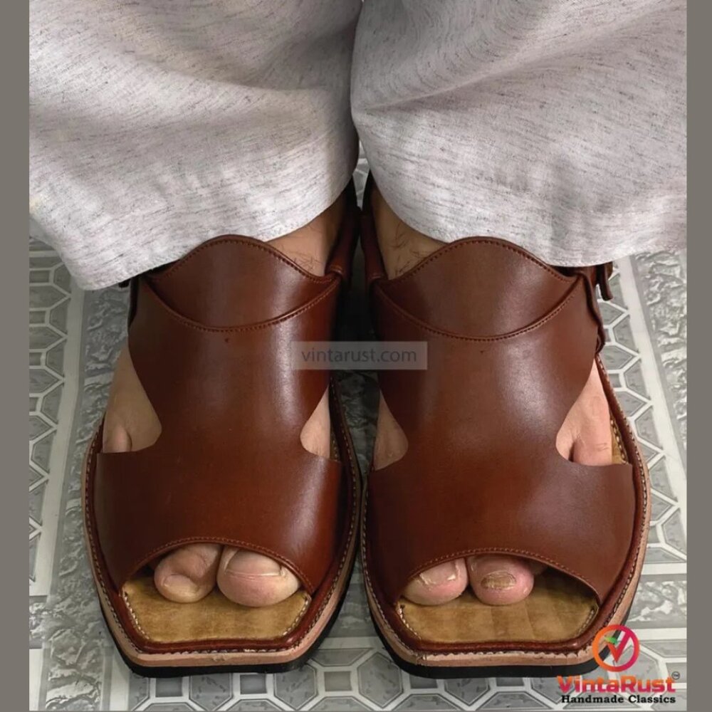 Handmade Brown Leather Peshawari Sandals: Traditional Two-Strap Chappal